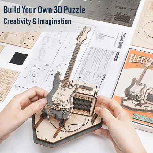 Vista 6 de ROBOTIME Rompecabezas 3D para Niños Kits de Manualidades de Madera Kit de Guitarra Modelo DIY para Construir Rompecabezas Mental Juguete de Puzzle