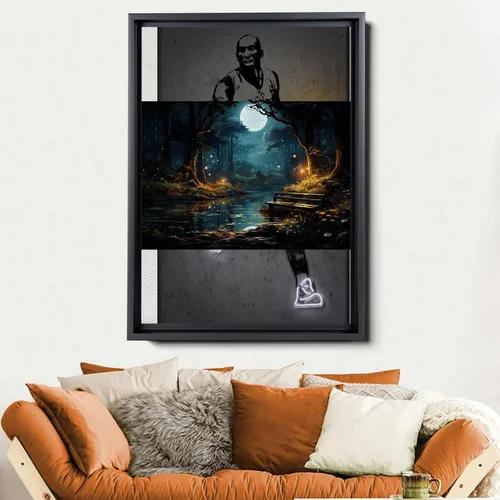 Vista 6 de Snow covered park at midnight with a full moon, watercolor nature art, framed canvas print, framed wall art