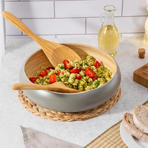 Vista 9 de Dehaus Servidores de ensalada de bambú extra grandes de 12 pulgadas - Cucharas de madera para servir ensaladas - Utensilios ecológicos - Manos