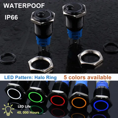Vista 5 de 2 interruptores de botón de bloqueo de 0.748 in de 12 V-24 V, anillo de CC LED 1NO 1NC impermeable botón de metal negro encendido apagado