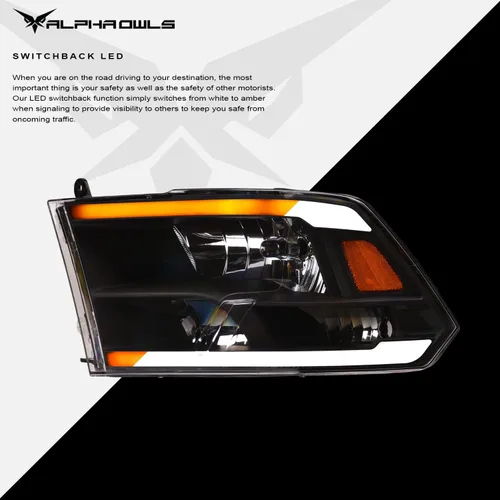 Vista 4 de Alpha Owls 8707715 - Faros delanteros de cristal con barra de luz LED secuencial Switchback y luz de arranque, ámbar negro para modelos halógenos