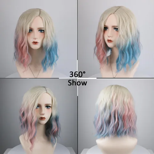 Vista 7 de Enid Sinclair Pelucas con diadema rizada rubia, rosa, azul, para Halloween