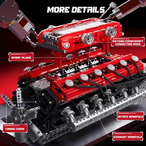 Vista 5 de Mould King Kit de modelo de motor V12 que funciona – Juego de bloques de construcción de mini motores motorizados con batería y cambio de marchas