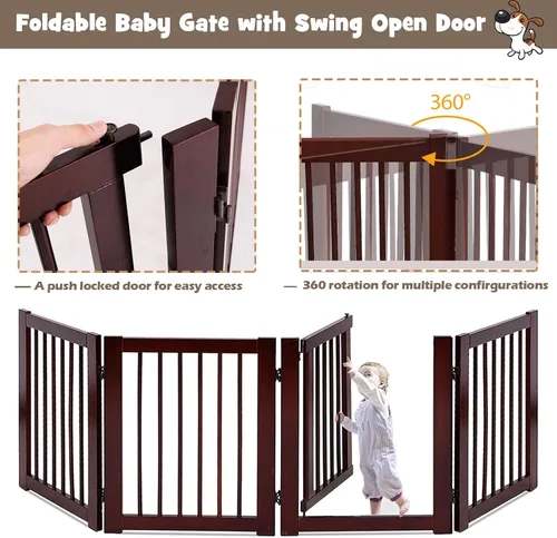 Vista 4 de Puerta alta para perros con puerta, 4 paneles de 30 pulgadas de alto, corral de madera para cachorros, puertas independientes para mascotas, recinto