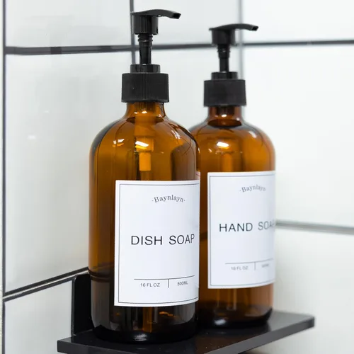 Vista 6 de Dispensador de jabón de vidrio ámbar con bomba antioxidante. Dispensador de jabón recargable de cocina y baño para jabón de platos, desinfectante