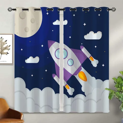 Vista 2 de Cortinas opacas con diseño de cohetes de dibujos animados para niñas y niños, decoración del hogar, aventura en el espacio, galaxia, planetas, azul