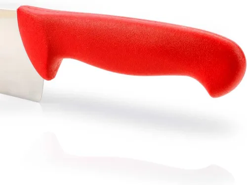 Vista 6 de Arcos Cuchillo de carnicero de acero inoxidable de 9 pulgadas. Cuchillo de cocina profesional para cortar carne, pescado y verduras. Mango Rojo