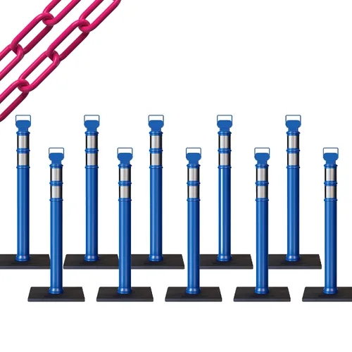 Vista 8 de CCW 10-Pack 45" Delineador Post Kit, 3" Collares reflectantes, 10 lb Base de goma (10 postes azules con cadena negra de 50 pies)