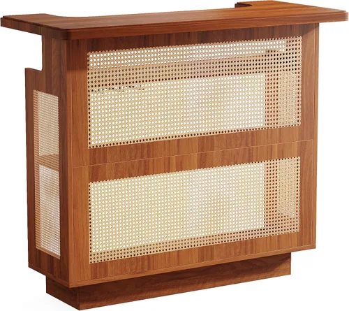 Vista 9 de Tribesigns: unidad de bar para el hogar de ratán, mesa de bar de 4 estantes estilo granja con 4 portavasos y base elevada, gabinete de bar