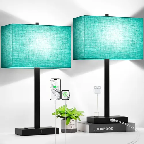 Vista 9 de Lynnoland Juego de 2 lámparas de noche de 21 pulgadas con tomas USB A+C y CA, control táctil, regulables de 3 vías, para dormitorio, sala de estar