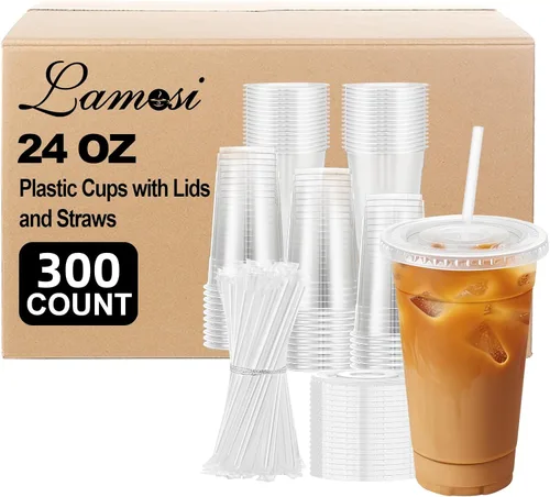 Vista 13 de Lamosi Paquete de 100 vasos de plástico transparente de 12 onzas con tapas y pajitas, tazas desechables para café helado con tapas para bebidas
