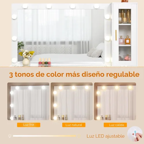 Vista 3 de BEWISHOME Tocador Grande de 49.2" con Espejo y Luces, Mesa de Maquillaje Blanca con Superficie de Vidrio, Taburete, Escritorio de Maquillaje