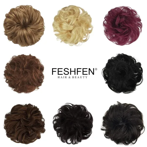 Vista 6 de FESHFEN - Extensiones de moño desordenado humano 100% cabello real, piezas de cabello rizado, extensiones de cola de caballo, cabello ondulado