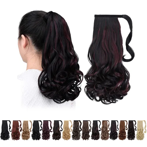 Vista 13 de Extensiones de cola de caballo negras, colas de caballo rizadas con clip, 22 pulgadas, 3.5 onzas, extensión de cabello sintético envolvente del pelo