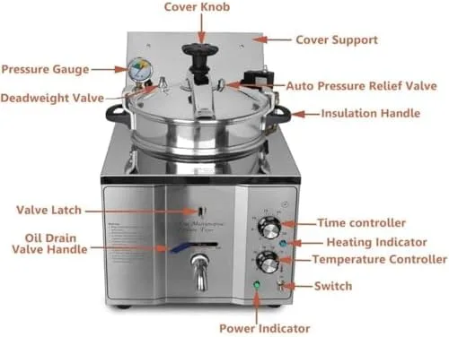 Vista 2 de Freidora comercial de 3000 W, freidora eléctrica de aire a presión de acero inoxidable, control de temperatura de 122.0-392.0 °F, ideal para cocina