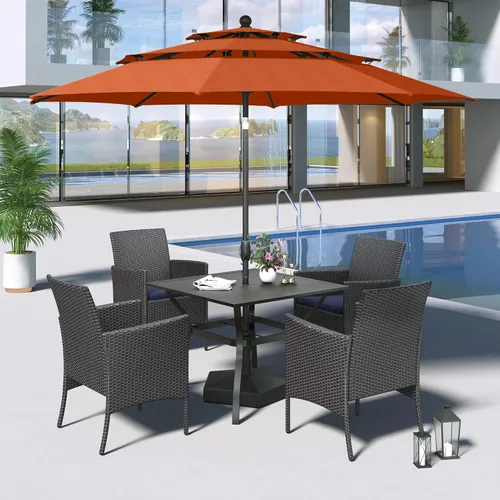 Vista 21 de MFSTUDIO Juego de comedor al aire libre para 4, juegos de comedor de 5 piezas, mesa de patio y sillas para 4 con paraguas, juego de muebles de Beige