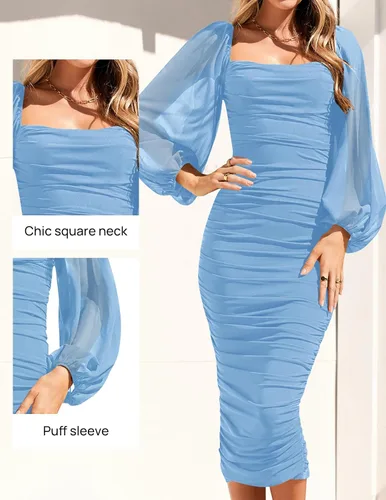 Vista 3 de ZESICA Women's 2023 Sexy Ruched Bodycon Midi Dress Long Puff Sleeve Square Neck Backless Cocktail Party Wedding Dresses