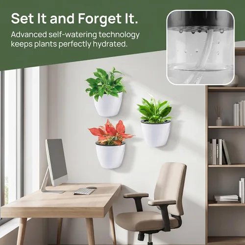 Vista 3 de Jucoan Paquete de 9 macetas colgantes de pared de riego automático para plantas de interior, maceta perezosa de plástico blanco de 5 pulgadas con 9