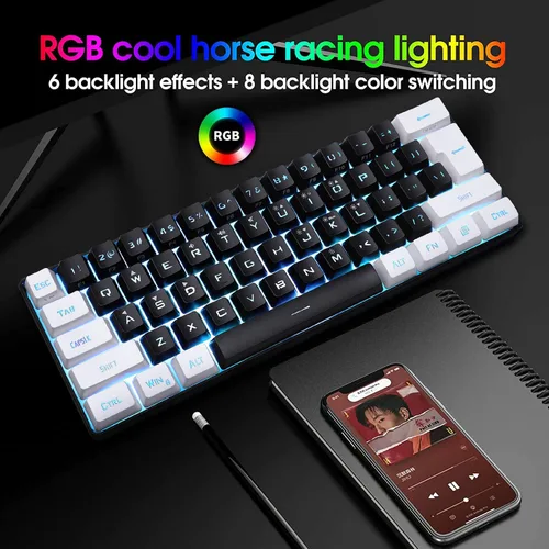 Vista 5 de Teclado para juegos 60 con cable mini teclado retroiluminado RGB mini compacto impermeable mini teclado compacto de 61 teclas para jugadores