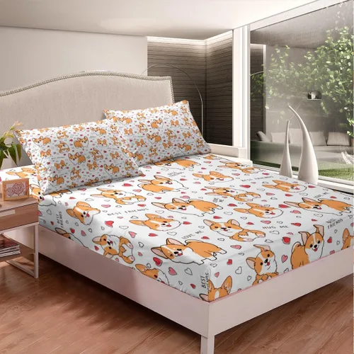 Vista 3 de Feelyou Juego de sábanas Kawaii Corgi para niños pequeños, juego de ropa de cama para niños y niñas, diseño de caricaturas, cachorro, perro, sábana
