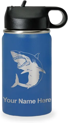 Vista 62 de LaserGram Botella de agua personalizada, gran tiburón blanco, acero inoxidable de doble pared aislada al vacío con popote superior, regalo grabado