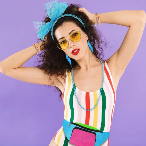 Vista 7 de Handepo Juego de 19 accesorios de disfraz de los años 80, diseño retro de los años 80, riñonera de neón de los años 80, banda para el pelo, guantes