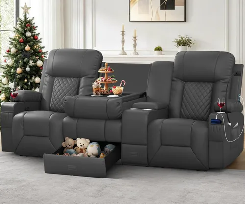 Vista 17 de YONISEE - Juego de sofá reclinable moderno - Sofá de 3 asientos y 1 silla reclinable giratoria con calor y masaje para sala de estar (3+1)