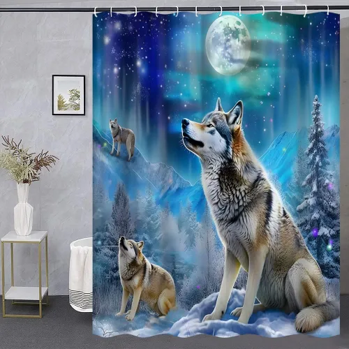 Vista 4 de Cortina de ducha con diseño de lobo, nieve, invierno, bosque, montaña, luna llena, vida silvestre, animales, decoración de baño, cortinas de tela