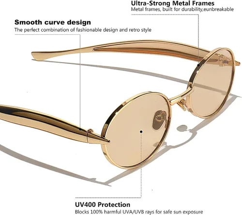Vista 6 de Lentes de sol ovalados retro para mujeres y hombres, tonos clásicos de los años 90 con protección UV400, marco de metal dorado