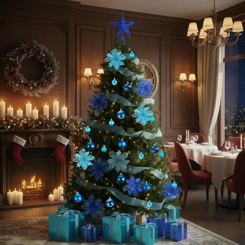 Vista 6 de Skylety Juego de 104 piezas de decoraciones para árbol de Navidad, adorno colgante azul de Navidad, bolas para árbol, estrella para la punta, flor