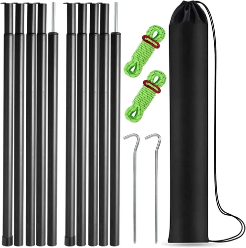 Vista 8 de Tent Poles Adjustable Tarp Poles Steel Rods for Tarp Canopy Camping Replacement Set of 2 +Pegs & Reflective Ropes