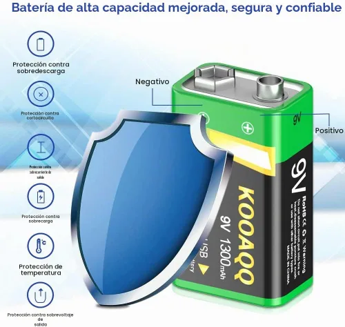 Vista 3 de Paquete de 1 baterías recargables de 9 V, recarga USB-C de 1300 mAh, 9 voltios de iones de litio de larga duración para alarmas, micrófonos