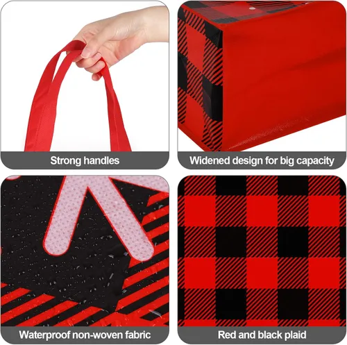 Vista 3 de Aneco 12 bolsas grandes reutilizables de Navidad rojas y negras no tejidas con asas, bolsas de regalo para suministros de fiesta, 14 x 13.8 x 7.5