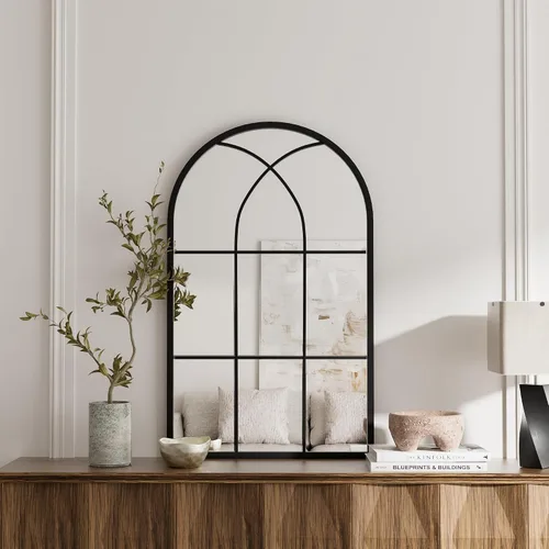 Vista 22 de Rowjut Espejo de pared en forma de arco de 30 x 20 pulgadas, espejo decorativo de pared y baño con marco de hierro, espejos de pared superior