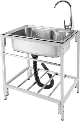 Vista 10 de Fregadero de cocina de acero inoxidable con soporte, fregadero de lavandería simple para el hogar con grifo, lavabo multiusos independiente