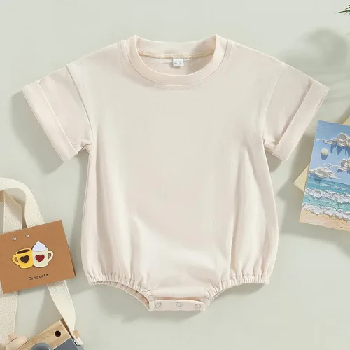 Vista 3 de AEEMCEM Unisex Baby Boy Girl Solid Color Short Sleeve Bubble Romper Oversized T-Shirt Romper Bodysuit Top Summer Clothes