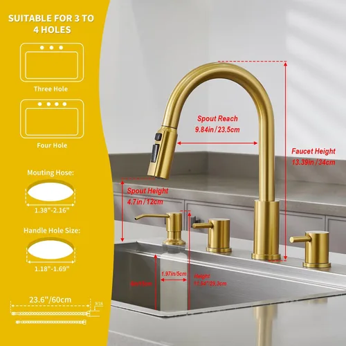 Vista 6 de Tohlar Grifo de cocina de 4 agujeros, grifo de cocina dorado cepillado con dispensador de jabón y rociador extraíble, 3 modos, grifo de fregadero