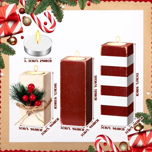 Vista 3 de 3 portavelas de Navidad con velas de madera, candelabros de Navidad, candelabros de madera votiva a rayas rojas y blancas, centro de mesa de Navidad