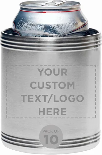 Vista 8 de Juego de 100 enfriadores de latas de acero inoxidable personalizados, paquete a granel, ideal para cerveza, refrescos, otras bebidas, color plateado
