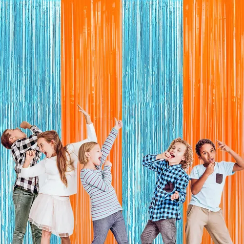 Vista 5 de Paquete de 2 cortinas de flecos metálicos de aluminio azul y naranja para decoraciones de fiesta, cortina de fondo azul y naranja para fiesta