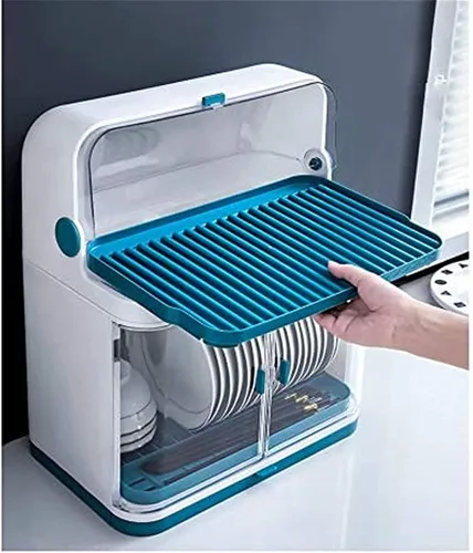 Vista 3 de Escurridor de platos de 2 niveles con cubierta de tapa, cubierta transparente contra el polvo para platos de cocina, vasos, bandeja para secar