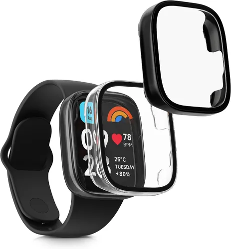 Vista 9 de kwmobile Funda compatible con Xiaomi Redmi Watch 3 Active/Redmi Watch 3 Lite Covers - Vidrio templado 2X con marco de plástico - Transparente