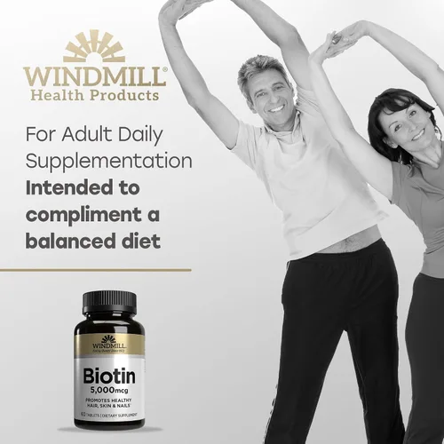 Vista 4 de Windmill Vitaminas naturales biotina de 5000 mcg, apoya la salud del cabello, la piel y las uñas, potenciador del metabolismo, 60 unidades, 60