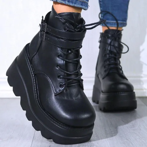 Vista 4 de UOQAPRE Botas de combate de tacón alto para mujer, con puntera cuadrada, con cordones, botines de plataforma gruesa con plataforma gruesa