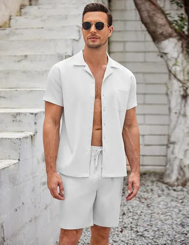 Vista 3 de COOFANDY Conjunto de 2 piezas para hombre, camisas de manga corta con botones, trajes casuales de playa