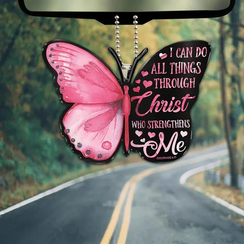 Vista 3 de Talataca Mariposa rosa con texto en inglés "I Can Do All Things Through Christ Strengthens Me" 2D Flat Car Rear View Mirror Accessories Christmas