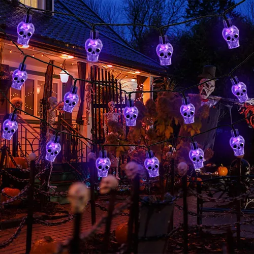 Vista 6 de RECESKY Guirnalda de 70 luces LED de calavera – Cadena de luces de Halloween enchufables de 22.6 pies para decoración de exteriores e interiores