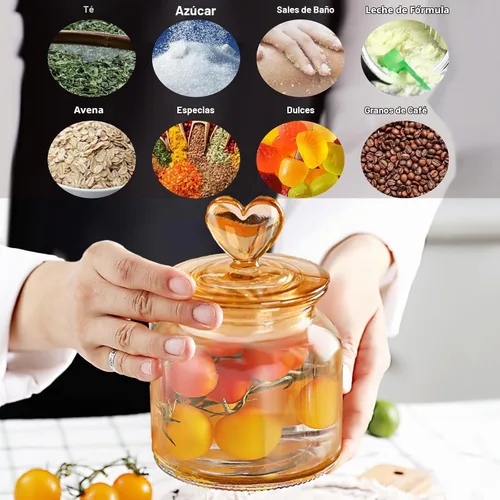 Vista 5 de BigNoseDeer Tarros de vidrio en forma de corazón de 22 onzas con tapa hermética para cocina, recipientes de almacenamiento de alimentos, contenedor