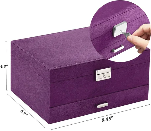Vista 7 de Cajas de Joyería para Mujeres Morado Organizador de Joyas de Terciopelo con Cerradura, Organizadores de Joyas para Adolescentes y Caja Organizadora