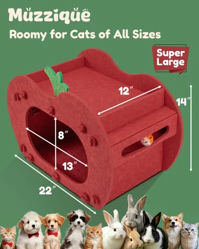 Vista 7 de Cama tipo cueva para gatos de interior, casa escondida de manzana roja para Rojo
